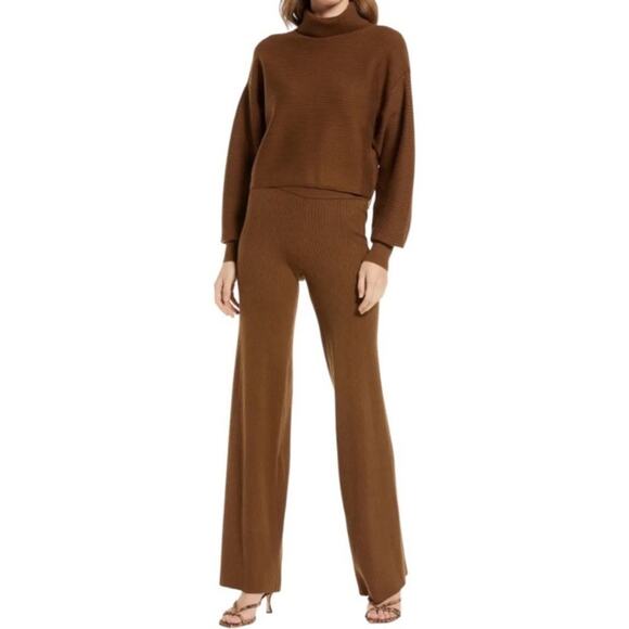 Good American Ribbed Wide Leg Pants Brown High Waist Knit Pull-On NWT Sz 2 - Picture 4 of 9